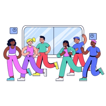 A group of six individuals engaged in a lively aerobics class. The participants include three women and three men, each wearing colorful workout clothes. The women wear bright tank tops and leggings in shades of pink, purple, and teal, while the men are dressed in fitted t-shirts and shorts in blue, green, and red. They are all smiling and moving energetically, performing various aerobic exercises such as jumping jacks and leg lifts. A large mirror reflects their movements, and there is a wall-mounted speaker playing music in the background. Bright sunlight streams in through large windows, adding a vibrant atmosphere to the class.