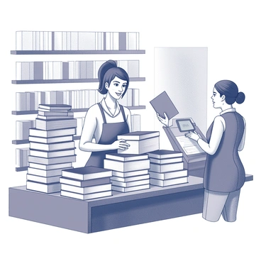 A woman is standing in a bookstore, stacking neatly organized books on a wooden shelf. She has a focused expression as she carefully places each novel in a specific order. Nearby, she is engaging with a customer, enthusiastically recommending several titles. The conversation is animated, showcasing her passion for literature. In the background, shelves are filled with various genres of books, and a cash register can be seen, indicating she is also managing sales within the store. The overall atmosphere reflects a busy yet inviting bookstore scene.