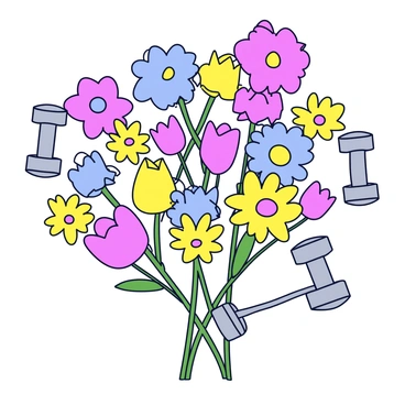 A whimsical arrangement of multicolored flowers, including daisies, tulips, and roses, with their stems intertwined. Scattered among the flowers are small silver dumbbells, positioned at various angles. The flowers display vibrant hues of pink, yellow, and blue, while the dumbbells add an unexpected contrast with their metallic sheen. The background is a simple, solid color to emphasize the floral and fitness elements.