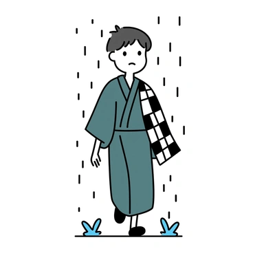 A young man with short, dark hair and a determined expression is walking through the rain. He is wearing a dark green kimono and has a distinct checkered haori draped over his shoulders. Raindrops are visibly falling around him, creating splashes on the ground. His eyes are focused straight ahead, showing his resolve. The scene captures the intensity of the moment as water runs down his face and clothes.