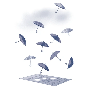 A multitude of umbrellas are falling from the sky, each one opened wide. Some umbrellas are patterned with varying designs, while others have simple, solid forms. The scene captures a sense of movement as the umbrellas tumble down, creating a playful atmosphere. Below, a cobblestone street is visible, with puddles forming as if rain has just recently fallen. The sky above is overcast, adding to the whimsical mood of the moment.