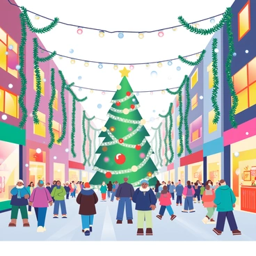 A bustling capital city street is illuminated by vibrant, colorful festive lights strung between buildings. The street is lined with tall trees wrapped in shimmering white fairy lights. Shop windows display cheerful decorations, featuring garlands and ornaments in rich reds and greens. Crowds of people in warm winter clothing walk along the pavement, some stopping to admire a large, beautifully decorated Christmas tree in the square. Snowflakes gently fall from the sky, creating a soft layer on the ground. The scene is lively, with laughter and chatter filling the air.