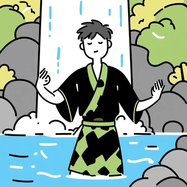 A young man, wearing a black and green checkered haori, stands under a powerful waterfall. Water cascades down, splashing around him as he maintains a focused expression. His dark hair is damp and sticks to his forehead, showcasing his determination. The surrounding area is filled with rocks and lush greenery, contrasting with the clear, flowing water. Sunlight filters through the trees, creating a serene atmosphere as he practices his stance, eyes closed, concentrating on his strength and focus.