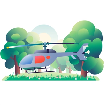 An NH90 helicopter is depicted as it lands in a clearing surrounded by tall, green trees. The helicopter is colored in shades of gray with bold markings on its side. The rotor blades are in motion, creating a dynamic scene. Below, the clearing is filled with lush grass and dotted with small wildflowers. Sunlight filters through the tree canopy, casting dappled shadows on the ground. The trees are towering and dense, with rich foliage providing a vibrant backdrop to the helicopter's descent.