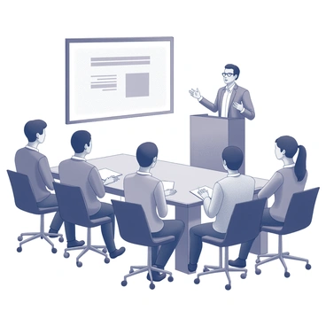 A group of employees seated in a conference room, attentively listening to a speaker at the front. The speaker stands behind a podium, gesturing while presenting. Chairs are arranged in rows facing the speaker, and there are notepads and pens placed on the tables in front of the attendees. A large screen behind the speaker displays a presentation slide. The atmosphere indicates engagement and focus on the professional development topic being discussed.