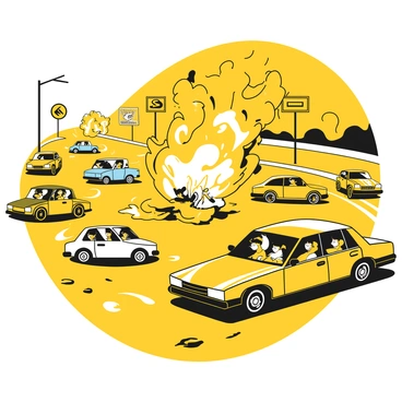 A chaotic highway scene with a car exploding amidst traffic