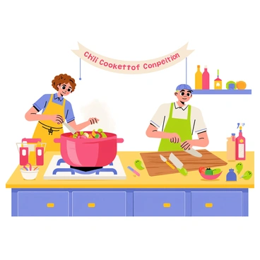 Two cooks are shown side by side in a vibrant kitchen, each focused on creating their special chili recipes for a cookoff competition. The first cook, a woman with curly hair, is stirring a large pot of red chili on the stove, a variety of colorful vegetables and beans visible in the mixture. She wears a bright apron and has a determined expression on her face. 

The second cook, a man with a baseball cap, is chopping ingredients on a wooden cutting board, with a bowl of fresh peppers and spices beside him. The kitchen is filled with condiments, utensils, and ingredients scattered around, creating a bustling atmosphere. Above them, a banner reading “Chili Cookoff Competition” is hung, adding to the excitement of the scene.