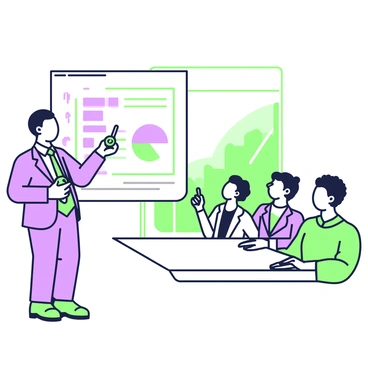 A confident salesperson is standing at the front of a conference room, addressing a small audience. The salesperson has a bright smile and is wearing a tailored suit. In one hand, the salesperson is holding a clicker that controls a presentation displayed on a screen behind them. The screen shows a slide with bullet points and a pie chart. The audience consists of a group of five people sitting at a rectangular table, attentively listening. They are diverse in age and gender, and each has a notepad and pen in front of them. The room is well-lit, with a large window showing a hint of greenery outside.