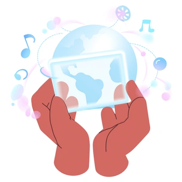 A pair of hands is holding a glowing digital file that is shaped like a rectangular screen. Surrounding the hands are various artistic symbols, including paintbrushes, musical notes, and film reels. Lines of light extend from the file, connecting to different locations around the globe. The globe itself is depicted with simplified continents and connected by a network of glowing paths that represent connections among artists. The background features gradient pastel colors that smoothly blend into the overall image, enhancing the theme of global connectivity.