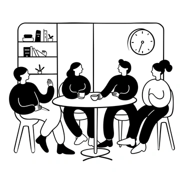 A setting inside a cozy café with a round table at the center. A group of four friends sitting around the table, each with a coffee cup in front of them. They are engaged in conversation, with one friend leaning forward while another gestures animatedly. The café has wooden shelves lined with books and small plants. A wall clock is visible in the background, indicating a relaxed atmosphere. Soft light filters through the window, creating a warm ambiance.