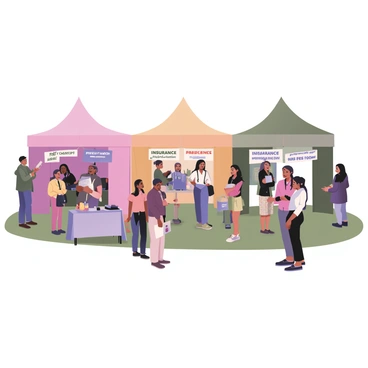 A community health fair with tents offering free checkups and insurance info