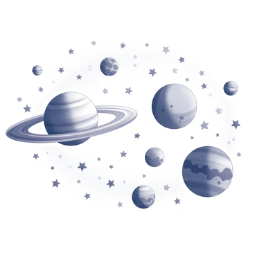 A vast expanse of space filled with numerous celestial bodies. In the foreground, several large planets with distinct textures and features are prominently displayed. They are surrounded by a multitude of smaller stars, all scattered across the scene. The stars exhibit various sizes, creating a sense of depth. A swirling motion is evident, as if the planets and stars are engaging in a synchronized movement, creating a dynamic and lively atmosphere.