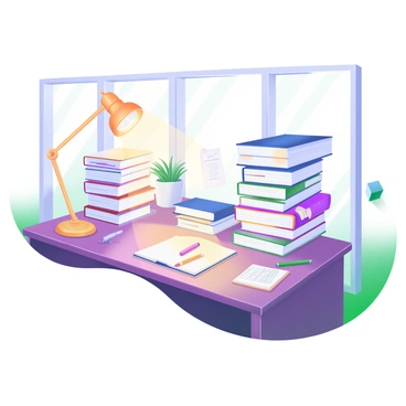 A lawyer's cluttered office desk filled with tall stacks of "legal books" and "documents." The desk is made of dark wood and has a polished surface that reflects light. There is a brass desk lamp casting warm light over the workspace. Scattered among the books are a few "pens," a "notepad" with handwritten notes, and a small "potted plant" adding a touch of greenery. The background features a large window with light streaming in, creating a warm and inviting atmosphere in the office.