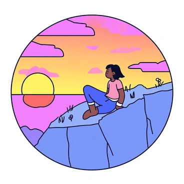 An individual sitting cross-legged on a rocky cliff edge. The person's silhouette is defined against a vibrant sunset sky filled with shades of orange, pink, and purple. The cliff has rough edges and a sparse ground cover of grass and small plants. The horizon is visible in the background, where the sun is partially set, casting long shadows across the scene.