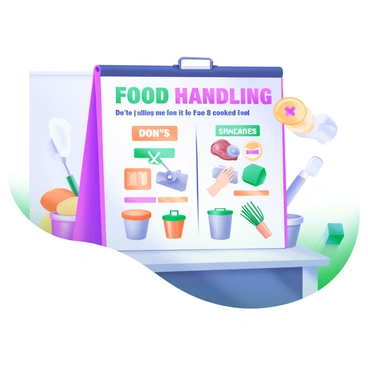 A modern pastel illustration featuring an educational chart mounted on a light-colored kitchen wall. The chart displays the words "Do's and Don'ts of Food Handling" at the top in bold, colorful letters. Below, clear visual icons depict the "Do's," such as a person washing their hands, a clean cutting board, and separate containers for raw and cooked food, each with a green check mark. In contrast, the "Don'ts" section includes icons like a person touching their face, raw meat placed next to vegetables, and a dirty sponge, each marked with a red cross. The background includes subtle kitchen elements, such as utensils and fruits, creating a harmonious learning space.