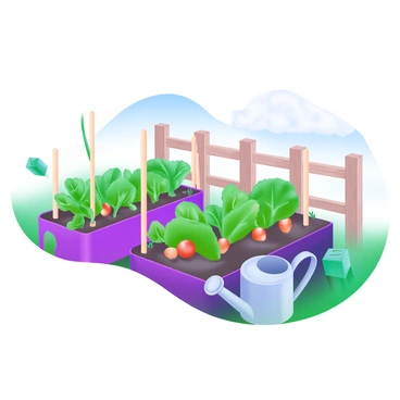A small vegetable garden featuring neat rows of growing plants, including leafy greens such as lettuce and spinach, vibrant red tomatoes on green vines, and bushy carrot tops peeking from the soil. In the foreground, there are wooden stakes supporting the plants, and a small watering can sits nearby. The garden is bordered by a rustic wooden fence, and a clear blue sky can be seen above, enhancing the fresh and lively atmosphere of the scene.