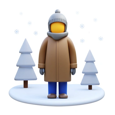 A person wearing layered winter clothing, including a thick parka, insulated gloves, and a knitted hat. The person stands in a snowy landscape, surrounded by snow-covered trees and a soft blanket of snow on the ground. Flakes of snow gently fall from the sky, adding to the winter scene.