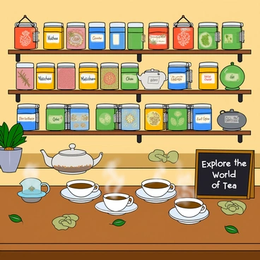 A cozy tea shop filled with shelves that display a variety of tea canisters from different cultures around the world. There are brightly colored canisters labeled with names like "Matcha," "Chai," and "Earl Grey," each adorned with unique designs that reflect their cultural origins. On a polished wooden counter, there are small glass teapots filled with steaming tea, accompanied by delicate porcelain cups. The shop has a warm ambiance with soft lighting and wooden furniture. A small chalkboard sign reads "Explore the World of Tea" in playful handwriting. Decorative elements such as teapots and tea leaves are scattered throughout the scene, enhancing the cultural theme.