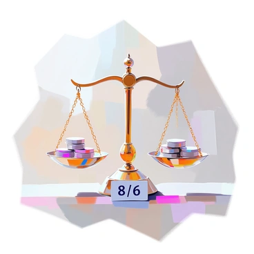 A balance scale is positioned centrally in the image, showcasing a clear comparison between two sides. On the left side of the scale, there are eight distinct weights, each one varying slightly in size and shape to create visual interest. On the right side, there are six weights, arranged neatly and also differing in design. The weights on both sides are made of a metallic material, reflecting light. The arms of the scale are perfectly horizontal, illustrating the balance between 8 and 6, with a label "8/6" prominently displayed below the scale.