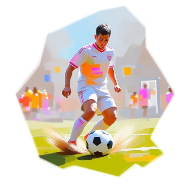 A soccer player with a determined expression is in mid-action, kicking a black and white soccer ball on a grassy field. The player is wearing a colorful jersey and shorts, showing athletic build and focus. As the foot connects with the ball, grass and dirt are being kicked up into the air, illustrating the force of the impact. The background features a blurred view of a goalpost and spectators, capturing the excitement of the game.