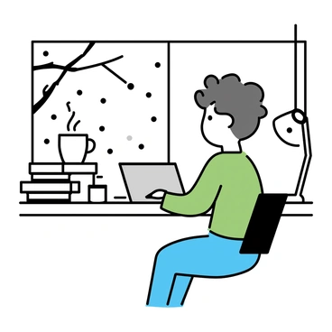 A student, wearing a green sweater and jeans, sits at a wooden desk by a large window. The student is focused on a stack of open books and a laptop, with notes scattered around. Outside the window, snow is gently falling, covering the tree branches and the ground in a white layer. Soft light from a nearby lamp illuminates the student's workspace, enhancing the cozy atmosphere of the scene. A steaming mug of hot chocolate sits beside the books, adding to the warm ambiance.