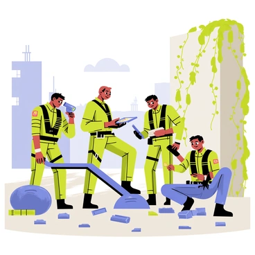 A group of four operators, each wearing tactical gear, is exploring the ruins of a crumbled city. One operator has a flashlight, illuminating the debris around them. Another operator is crouched beside a broken wall, examining a piece of ancient technology. In the background, there are remnants of buildings with vines growing over the structures. The sky is overcast, casting a gloomy atmosphere over the scene. The operators are surrounded by scattered bricks and metal scraps, and one of them is actively taking notes on a tablet.