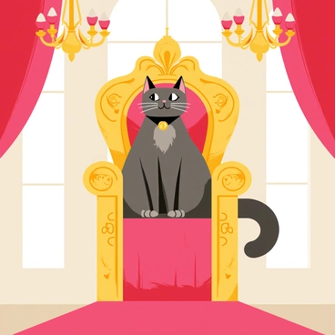 A regal-looking cat with a luxurious coat of deep gray fur sits proudly on an ornate golden throne. The throne features intricate carvings of lions and floral motifs, showcasing its grandeur. The hall around the cat is vast, with high ceilings adorned with gilded chandeliers that cast warm light. Rich red drapes hang from tall windows, adding elegance to the scene. At the foot of the throne, a plush red carpet extends, leading to the grand entrance. The atmosphere conveys a sense of majesty and importance, centering on the noble cat as the focal point.