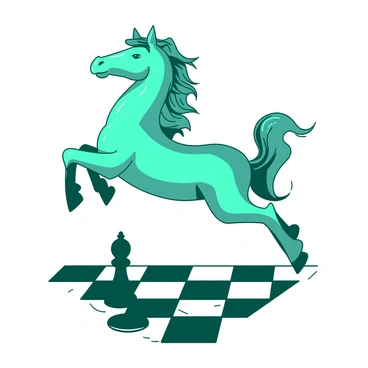 A teal knight chess piece is depicted mid-gallop, with its mane and tail swirling as if in motion. The knight's body is elegantly arched, showcasing its distinct horse-like features. Below it, the chessboard consists of alternating black and white squares, providing a dramatic contrast to the action. The knight appears to be leaping over a black pawn that is positioned on the board, creating a dynamic sense of movement and energy. The knight's glossy finish reflects light, adding a sense of realism to the piece.