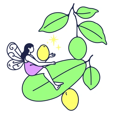 A tiny fairy with delicate wings is sitting on a large leaf of a mango tree. The fairy has intricate patterns on her wings, and her hair flows gently around her face. Surrounding her are several glowing mango fruits, each suspended from the branches of the tree. The leaves of the mango tree are lush and green, providing a vibrant backdrop to the scene. The fairy gazes at the glowing fruits with a sense of wonder, creating a magical atmosphere.