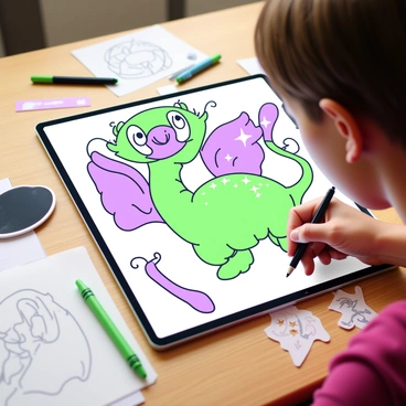 A fantastical creature is being designed on a digital tablet. The tablet is positioned on a wooden table, with the screen showing an intricate design of the creature. The creature has large, whimsical wings, a long, winding tail, and distinctive features like sparkling eyes and unique patterns on its skin. The designer, a person with short hair, is focused intently on the tablet, holding a stylus in their right hand. Scattered around the tablet are sketch papers and digital tools, adding to the creative environment. The scene is well-lit, emphasizing the details of the creature's design.
