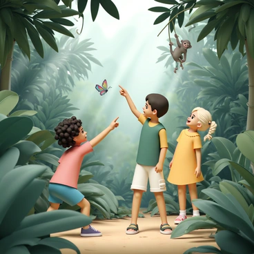 A group of three children is exploring a dense jungle. The first child, a girl with curly black hair, is wearing a bright red t-shirt and blue shorts, crouching down to look at a colorful butterfly resting on a leaf. The second child, a boy with short brown hair, is wearing a green tank top and cargo shorts, pointing excitedly towards the treetops while a small monkey swings from a vine above him. The third child, a girl with braided blonde hair, is wearing a yellow dress and sandals, laughing as she watches another monkey playfully hanging from a branch nearby. The jungle is filled with lush green foliage, exotic plants, and rays of sunlight filtering through the thick canopy.
