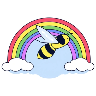A hornet is flying through a vibrant rainbow. The hornet has a sleek, shiny body with bold yellow and black stripes. Its wings are translucent with a slight shimmer. The rainbow arcs gracefully overhead, displaying bright colors like red, orange, yellow, green, blue, and purple. Below the rainbow, the background is a simple blue sky with a few soft, fluffy white clouds, enhancing the colorful scene.