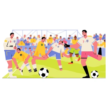 A vibrant scene depicting players in colorful uniforms intensely focused on a round black and white soccer ball at the center of the image. The players are positioned in dynamic stances, with one player executing a powerful kick, while others are sprinting to intercept. The background features a blurred stadium filled with cheering fans, contributing to the excitement of the crucial moment in the game. The expressions on the players' faces convey determination and concentration.