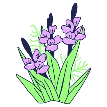 A close-up view of gladiolus flowers intertwined with ferns in a natural setting. The gladiolus flowers display their tall stalks with multiple blooming petals in various positions. The ferns add a delicate texture, with their fronds curling and overlapping with the flowers. The scene captures the vibrant shapes of the flowers and the intricate patterns of the fern leaves. The composition creates a harmonious blend of floral and leafy elements, showcasing their natural beauty together.