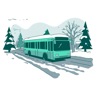 A teal bus is making its way down a snowy street, with large wheels creating distinct tracks in the fresh white snow. Flakes of snow are gently falling from the gray sky, accumulating on the ground and on the bus's roof. On either side of the street, there are snow-covered trees lining the road, their branches heavy with snow. The scene captures the quiet ambiance of a winter day as the bus moves slowly forward, the headlights illuminating the path ahead.
