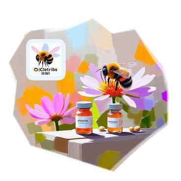 A detailed illustration showcasing a bumble bee surrounded by colorful flowers in a garden setting. The bumble bee is depicted with its fuzzy black and yellow stripes, and it is in the process of pollinating one of the flowers. Nearby, there are small vials labeled with "pesticides" positioned near the flowers, suggesting their harmful presence. The flowers are vibrant and varied in color, including pink, purple, and yellow blooms. In one corner of the image, a small graphic symbol represents the decline in bee health, featuring a sad bumble bee. The overall scene conveys the relationship between the bumble bee, the flowers, and the pesticides.