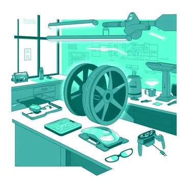 A futuristic tech reel displaying gadgets and circuitry in a sleek workshop