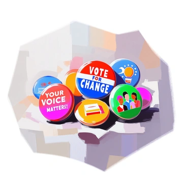 A collection of vibrant campaign buttons displayed together, each featuring a unique slogan and distinct imagery. The buttons vary in color, showcasing bright shades of red, blue, green, and yellow. Some buttons feature slogans like "Vote for Change" and "Your Voice Matters," while others have illustrations of symbols such as a ballot box, a dove, or a diverse group of people. The buttons are arranged in a way that highlights their differences, creating an eye-catching display against a simple background. Each button is round and has a glossy finish, reflecting light and adding to the overall lively presentation.