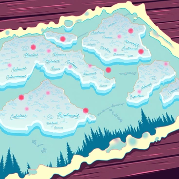 A close-up of an old, worn-out map spread out on a rustic wooden table. The map has yellowed edges and visible creases, showing signs of age. Numerous locations are marked with red circles, indicating important spots. Scribbled notes in faded ink are scattered across the map, adding a sense of adventure and exploration. Various landmarks are illustrated in detail, including mountains, rivers, and forests, enhancing the narrative of the map’s history.
