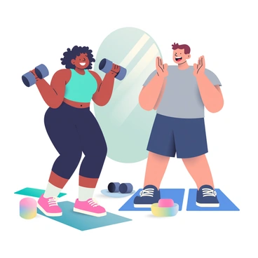 Two friends are in a gym, encouraging each other during a workout session. One friend, a woman with dark skin and curly hair, is lifting a set of dumbbells while smiling. She is wearing a fitted, bright blue tank top and black leggings. The other friend, a man with light skin and short brown hair, is standing beside her, clapping his hands and smiling widely. He is dressed in a gray t-shirt and navy shorts. There are exercise mats and various weights scattered around them, and a large mirror reflecting their energy is in the background.