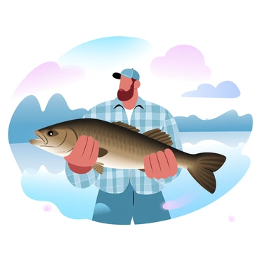A fisherman is standing by a lake, proudly holding a large walleye with both hands. The fisherman is wearing a plaid shirt and a fishing hat. The walleye has shimmering scales and is prominently displayed. The lake stretches behind the fisherman, reflecting soft gradient pastel colors in the water. There are trees lining the shore, and the sky above is filled with pastel shades of blue and pink.