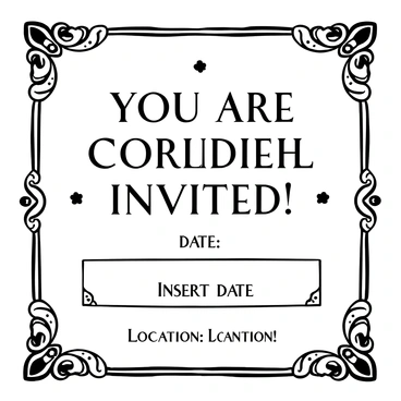 An ornate invitation card with intricate borders. The words "You Are Cordially Invited" are displayed prominently in elegant typography at the top. Below, there are details of the event, such as "Date: [Insert Date]" and "Location: [Insert Location]" written in a refined font. The background features delicate floral patterns, enhancing the classic design.