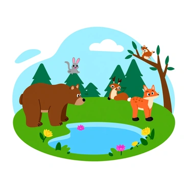 A group of woodland animals including a brown bear, a playful fox, and a curious deer gathered around a small, clear pond. The pond reflects the surrounding trees and the blue sky above. Bright green grass surrounds the pond, and a few colorful flowers bloom nearby. A tiny rabbit peeks out from behind a tree, while a couple of birds perch on low branches nearby, chirping happily. The scene is lively and full of vibrant colors, capturing the essence of the woodland setting.
