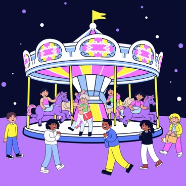 A carousel with ornate horses is brightly illuminated by colorful neon lights. The carousel is surrounded by happy children, some smiling as they ride the horses while others watch excitedly from the side. The night sky is dark, enhancing the vibrancy of the lights. The scene is filled with joy and movement, as the carousel spins in the center of the lively fair atmosphere.