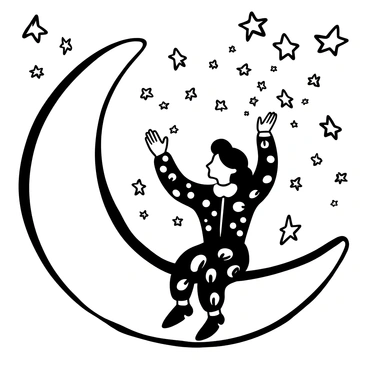 A joker dressed in traditional costume sitting on a large crescent moon. The joker is tossing small stars into the air with both hands, creating a shower of stars that scatter in different directions. The crescent moon is detailed with texture, and the background is filled with a multitude of additional stars, creating a whimsical night sky. The joker's outfit features bold patterns and a variety of playful elements that reflect their playful nature.