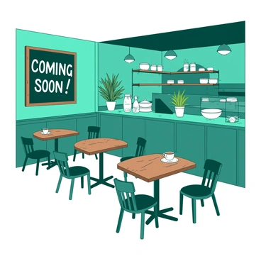 A teal restaurant interior features wooden tables and chairs arranged for dining. The walls are adorned with warm, soft lighting that enhances the cozy atmosphere. In one corner, a large chalkboard menu displays the words "Coming Soon" in bold, white lettering. There are potted plants on each table, adding a touch of greenery. A counter is visible in the background, with shelves lined with jars and dishes, contributing to the inviting feel of the space.