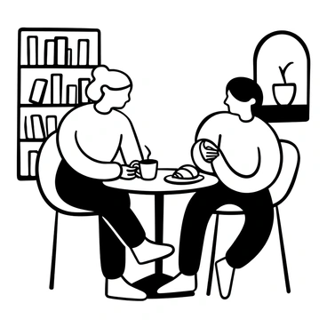 Two friends sitting at a small round table in a cozy café. One friend leans slightly forward, holding a steaming cup of coffee with both hands, while the other friend has their hands resting on the table. A notebook and a pen are placed beside the cups, and a small plate with a croissant sits in front of one of them. The café is filled with shelves of books, and a potted plant is on the windowsill behind them. "Sharing a laugh" is illustrated through their body language and the relaxed atmosphere around them.