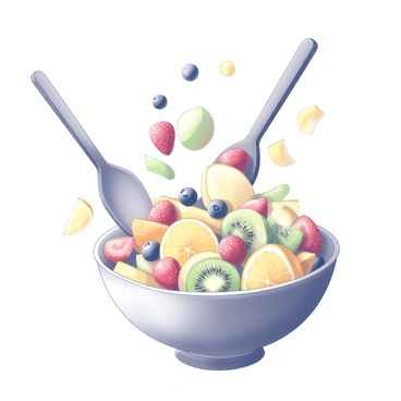 A large, clear bowl filled with a variety of fruits. The bowl showcases an assortment of fruits including bright slices of orange, yellow banana pieces, and green kiwi halves. Several red strawberries are scattered throughout, and blueberries are interspersed among the other fruits. Two wooden salad servers are engaged in tossing the fruit, with pieces of fruit mid-air, illustrating the motion of the salad being mixed together. The background is subtle, enhancing the focus on the bowl and the dynamic display of fresh fruits.