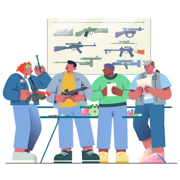 A group of five individuals is gathered at a collector's fair, engaging in an animated discussion about various machine guns. One man with short black hair is holding a vintage-looking machine gun, pointing out features while explaining its history. A woman with curly red hair is taking notes on a clipboard, dressed in a blue denim jacket. To the side, an older man with glasses and a gray beard is leaning against a table filled with different machine guns and accessories, listening intently. A younger man is examining a model with a focused expression, while a large poster on the wall behind them displays images of classic military firearms. The atmosphere is filled with enthusiasm and camaraderie among the collectors.