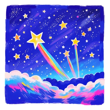 A night sky filled with numerous stars twinkling brightly against a deep blue backdrop. There are several shooting stars streaking across the sky, each leaving a vibrant rainbow trail behind them. The scene captures the beauty of the cosmic display, with a sense of wonder and magic in the air. The stars vary in size and luminosity, creating a dynamic and captivating celestial panorama.